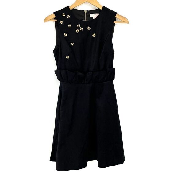 Ted Baker London Dress Size 0 Womens Black Celeena Ruffle Waist Queen Bee Velvet - Picture 1 of 9